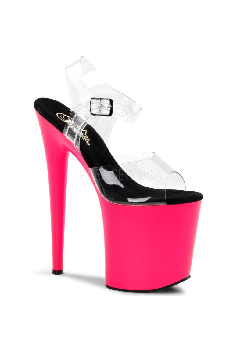 Pleaser 8 Inch Heel, 4 Inch Platform Ankle Strap Sandal - Clear/Neon Pink