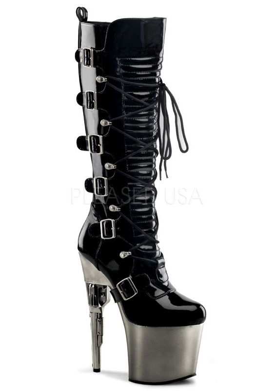 Pleaser Women's 7 1/2 Inch Gun Heel, 3 1/2 Inch Platform Multi Buckle Strap Knee Boot - Black/Pewter