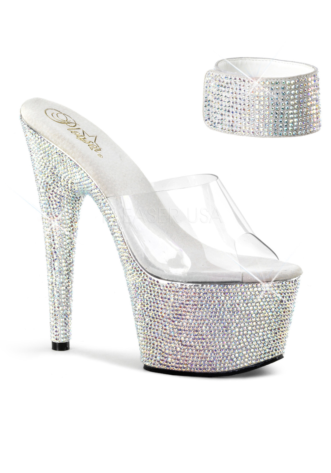 Pleaser Women's 7 Inch Heel, 2 1/2 Inch Platform Sandal - Clear/Silver  Rhinestone, image size:1122x1602