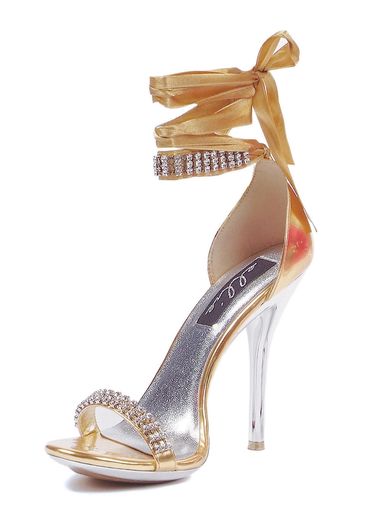 Ellie Women's 4 1/2 Inch Heel Sandal With Ribbon Wrap-Up And Rhinestones
