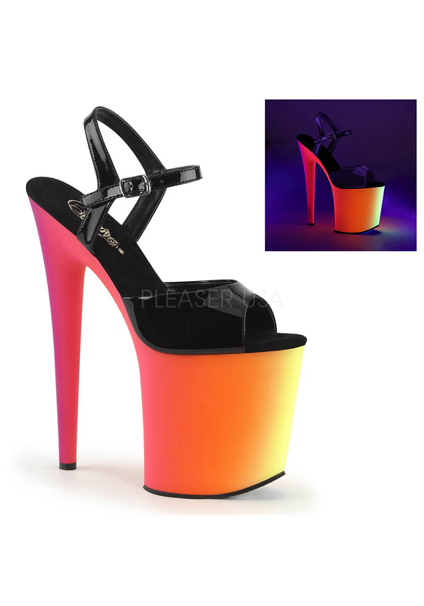 Pleaser 8 Inch Heel, 4 Inch Platform Ankle Strap Sandal With Neon MC Platform Bottom
