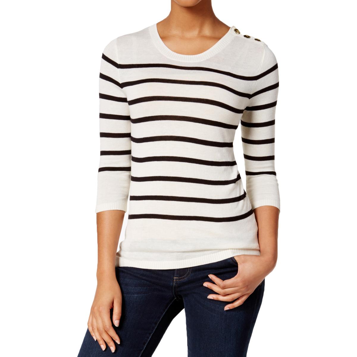 Kensie Womens Striped Button-Detail Pullover Sweater