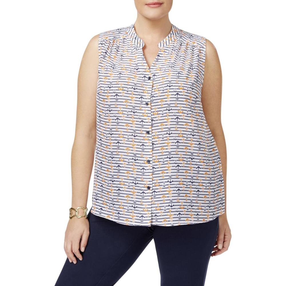 Nine West Plus Womens Anchor Printed Button-Down Top
