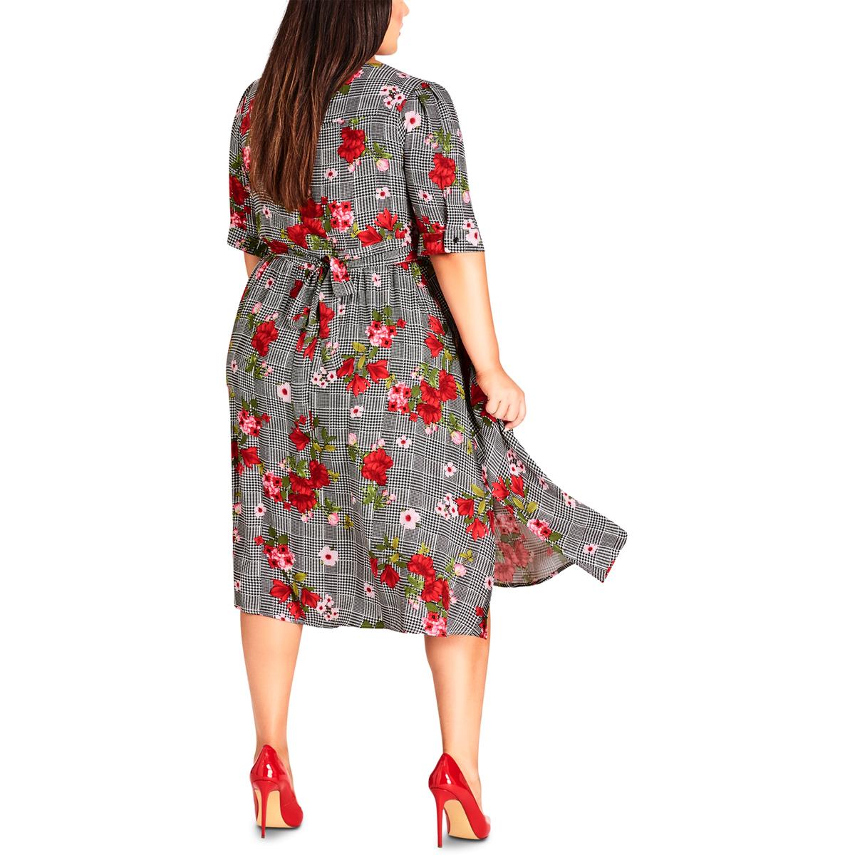 City Chic Plus Womens Houndstooth Floral Casual Dress
