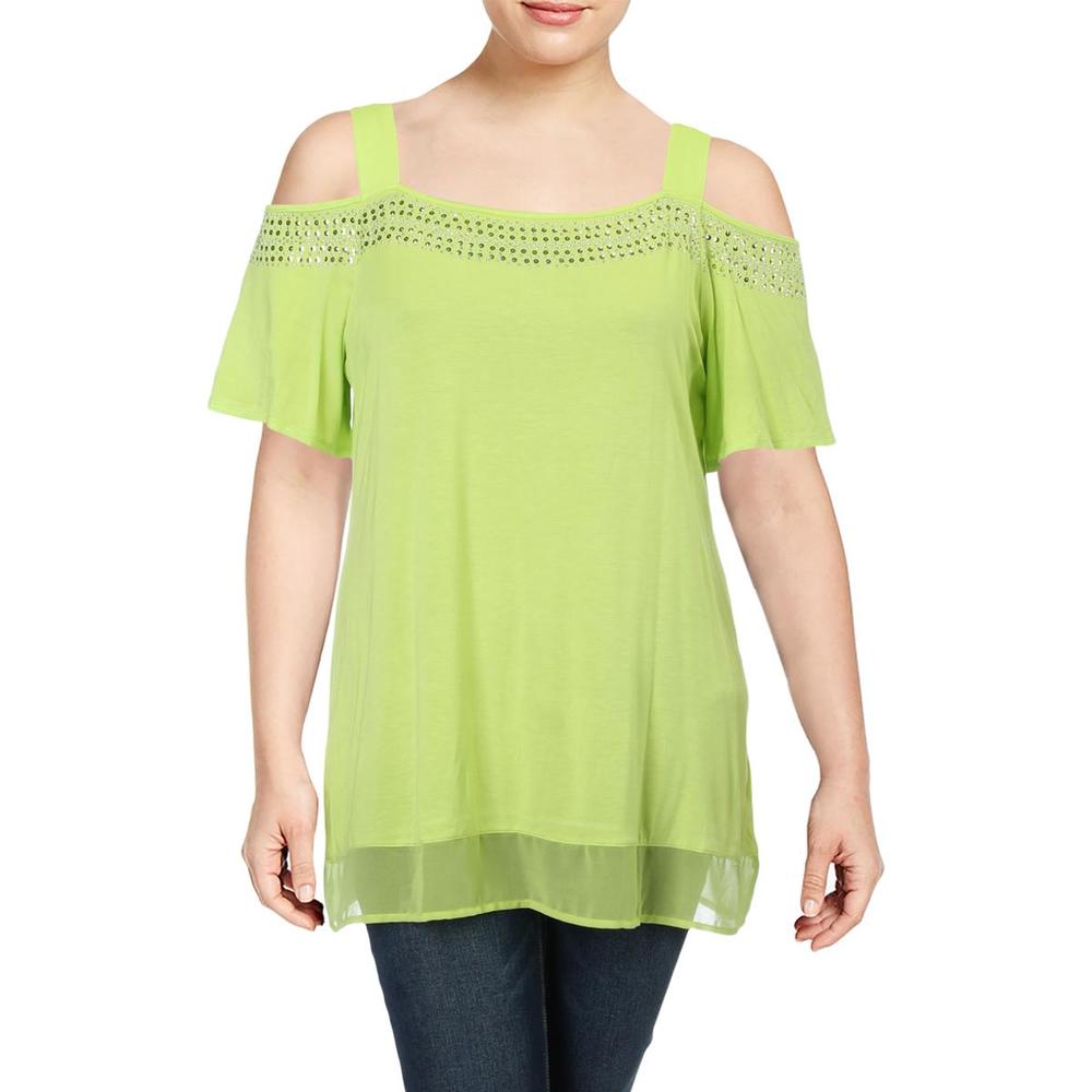 Belldini Plus Womens Embellished Cold Shoulder Pullover Top