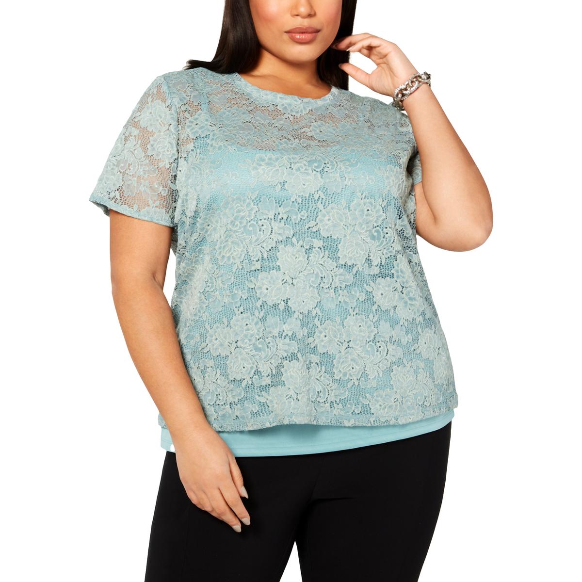 International Concepts Plus Womens Floral Lace Short Sleeve Casual Top