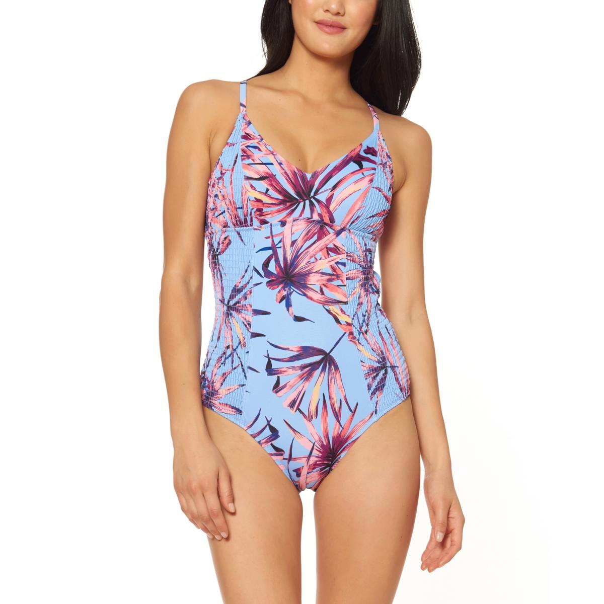 Jessica Simpson Womens Botanical Smocked One Piece Swimsuit