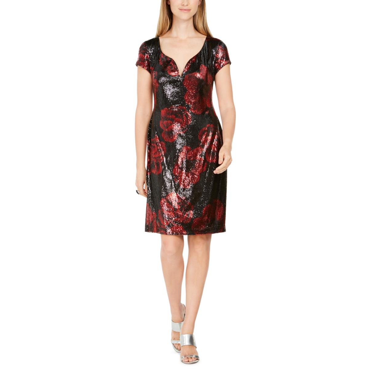 Connected Apparel Womens Floral Sequined Cocktail Dress Red 10