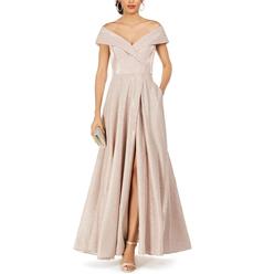 Xscape Petites Womens Off-The-Shoulder Glitter Evening Dress
