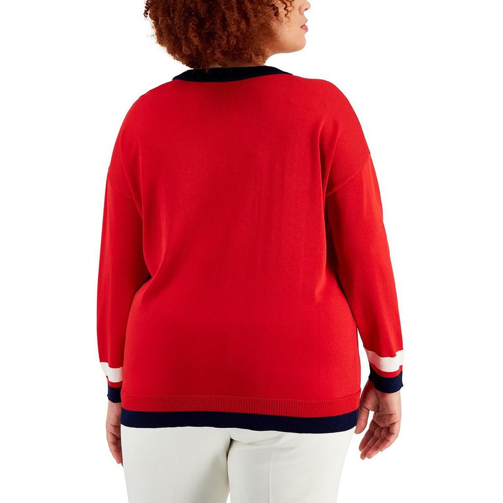 Anne Klein Plus Womens Striped V-Neck Pullover Sweater