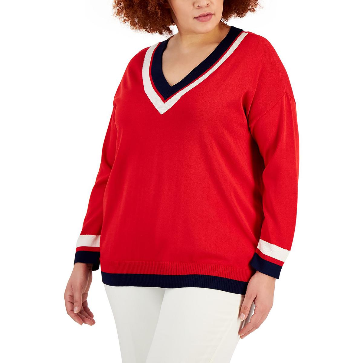 Anne Klein Plus Womens Striped V-Neck Pullover Sweater