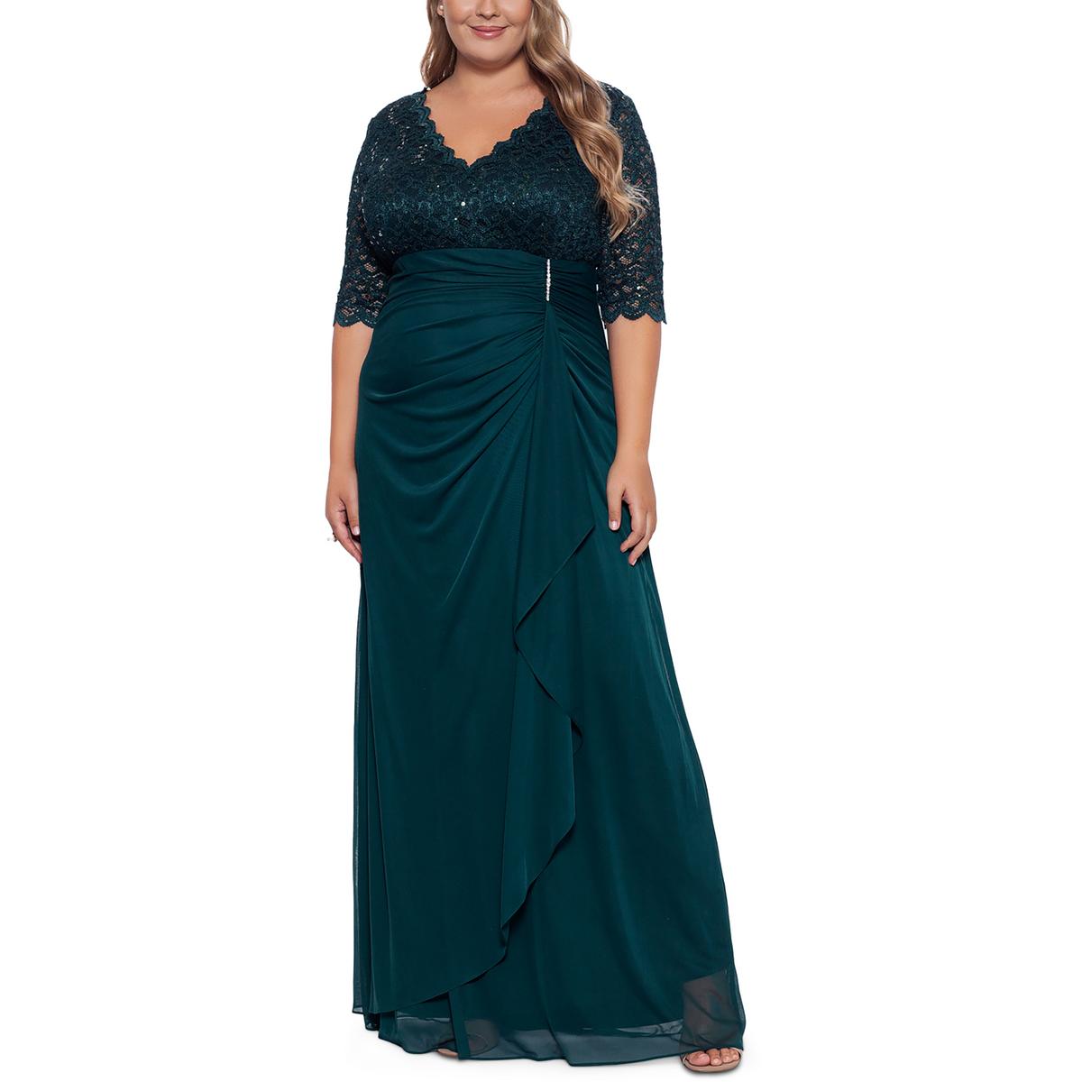 B&A by Betsy and Adam Plus Womens Lace Embellished Evening Dress