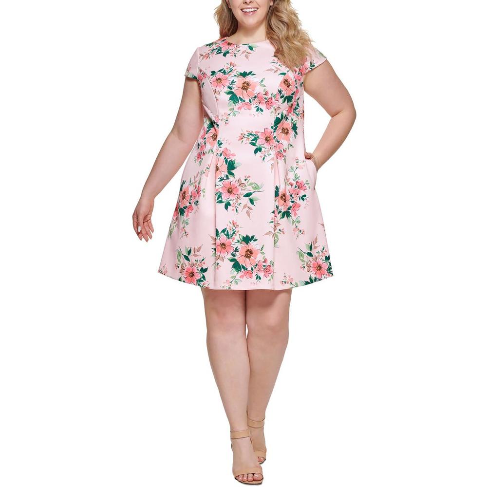 Jessica Carlyle Plus Womens Floral Print Pleated Mini Dress