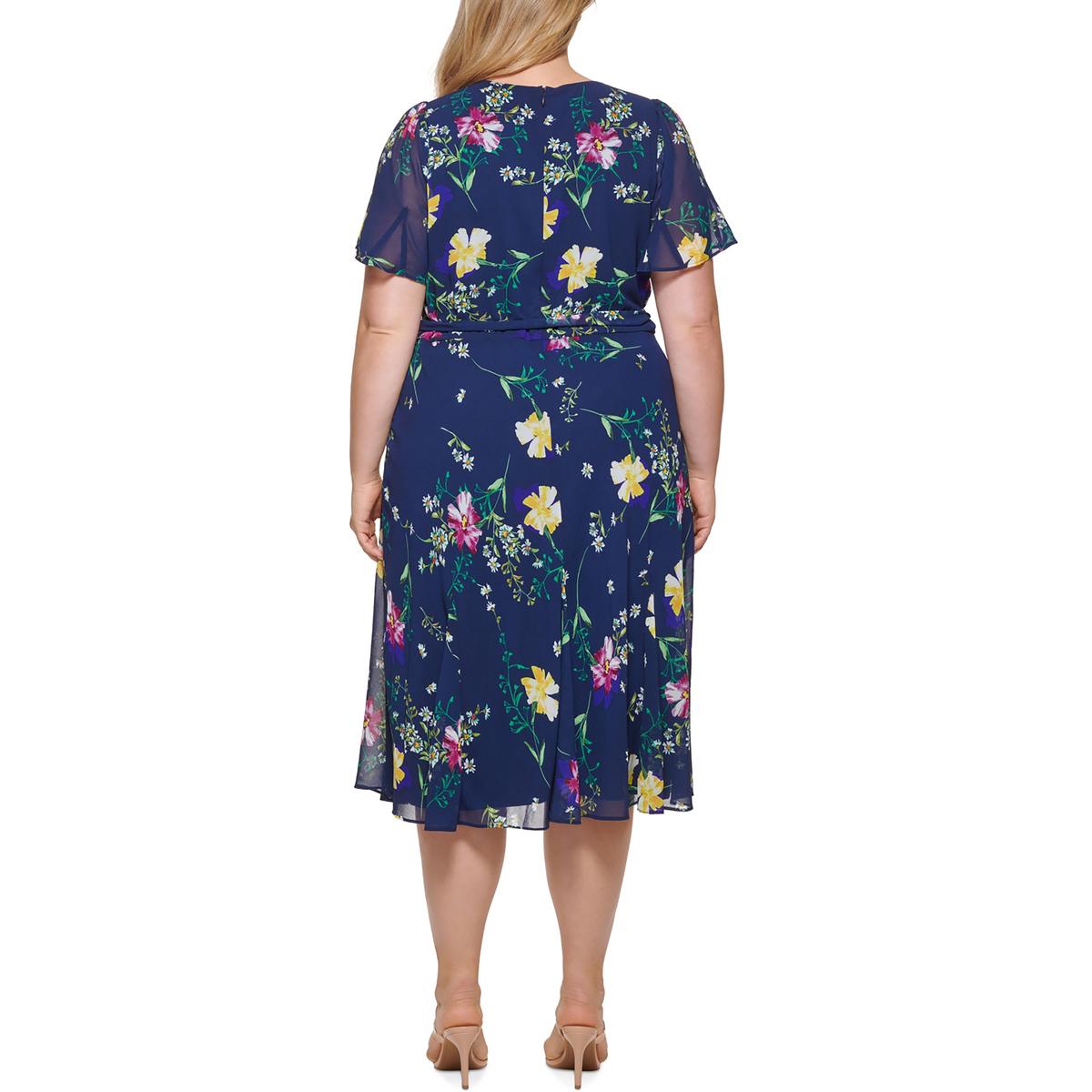 DKNY Plus Womens Floral Print Midi Dress
