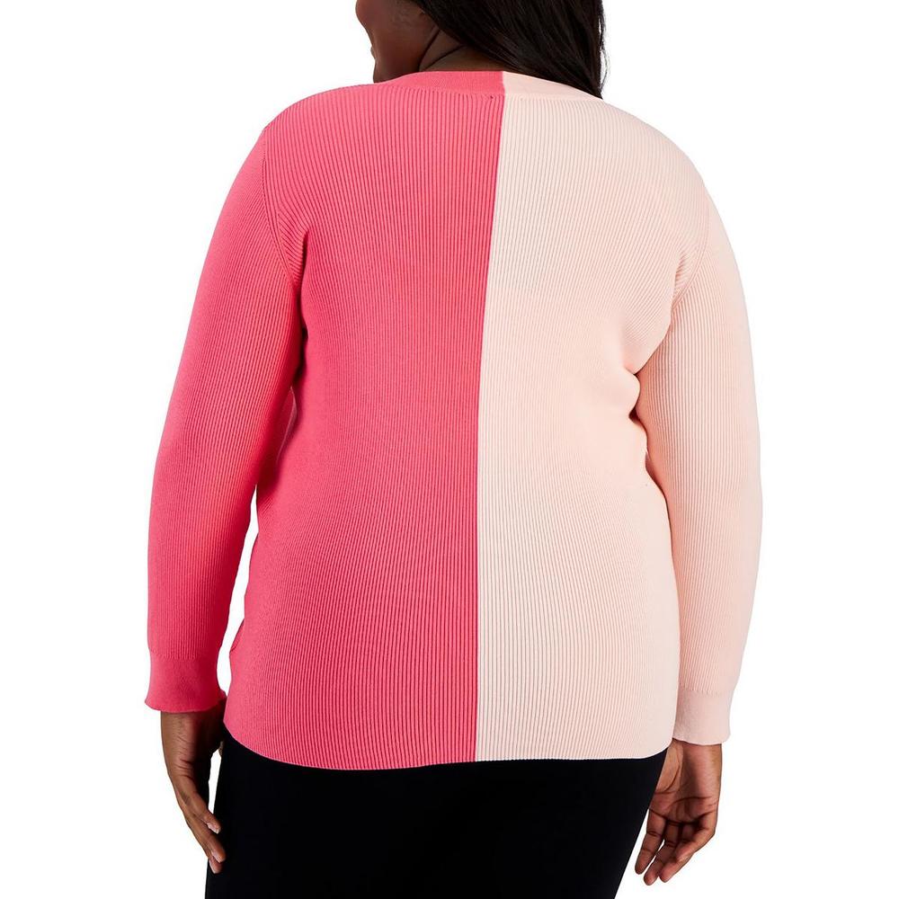 Anne Klein Plus Womens Colorblock Ribbed Cardigan Sweater