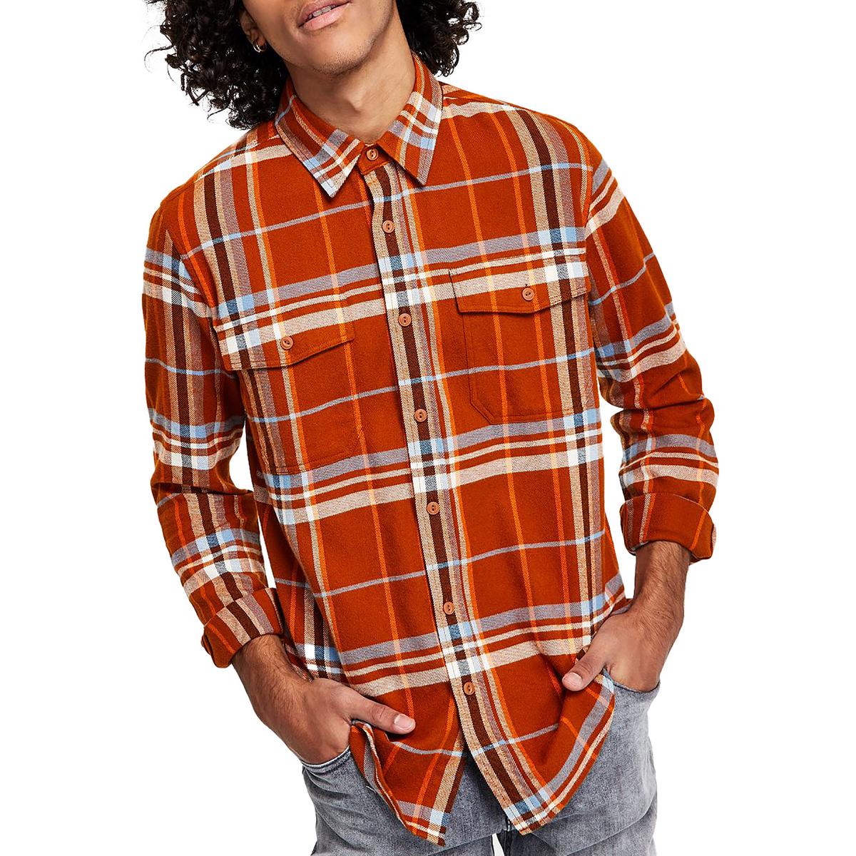 Sun + Stone Mens Plaid Flannel Button-Down Shirt