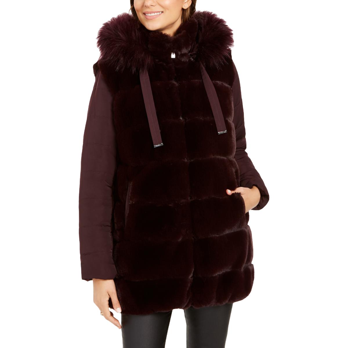 Via Spiga Womens Quilted Winter Faux Fur Coat