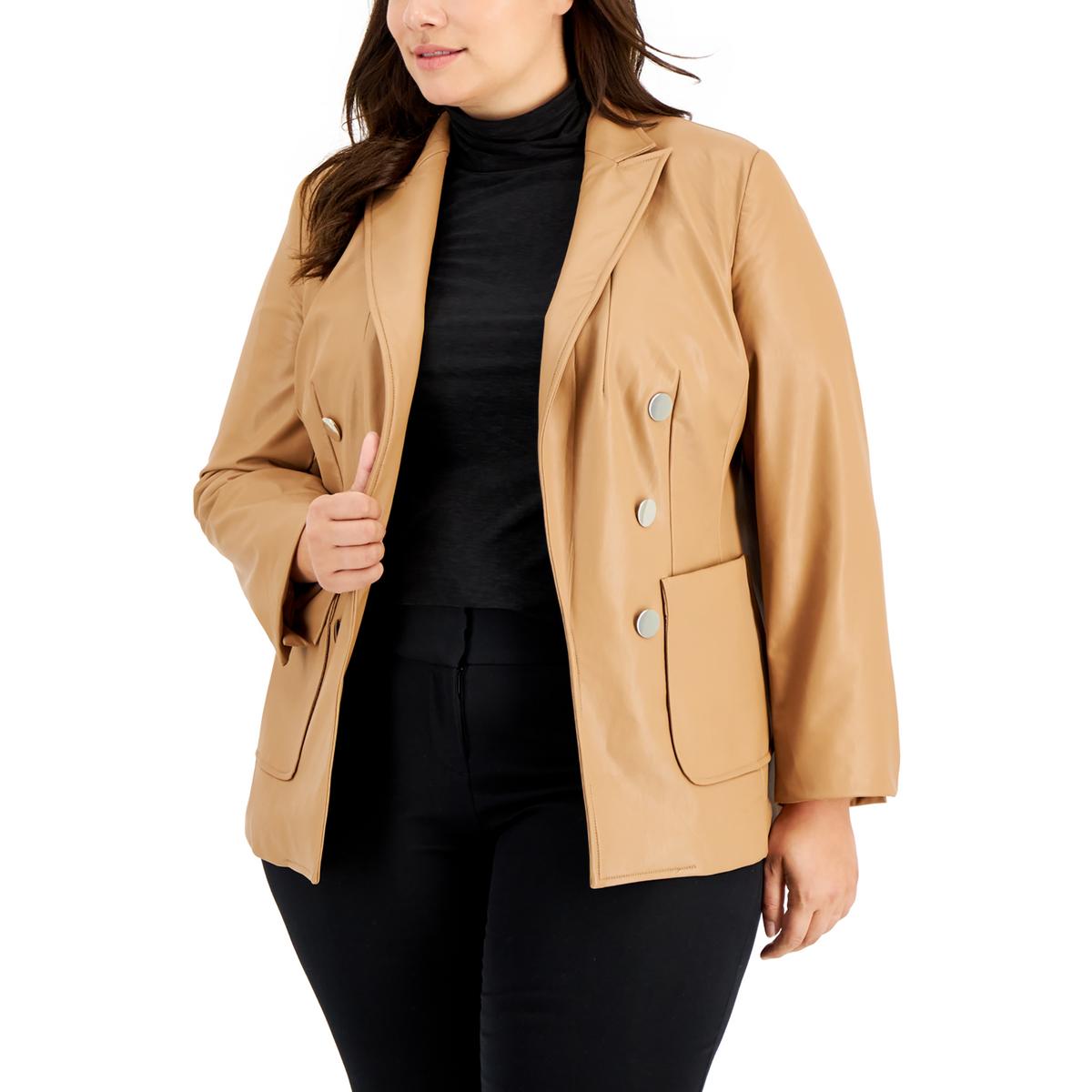 Anne Klein Plus Womens Faux Leather Open Front Double-Breasted Blazer