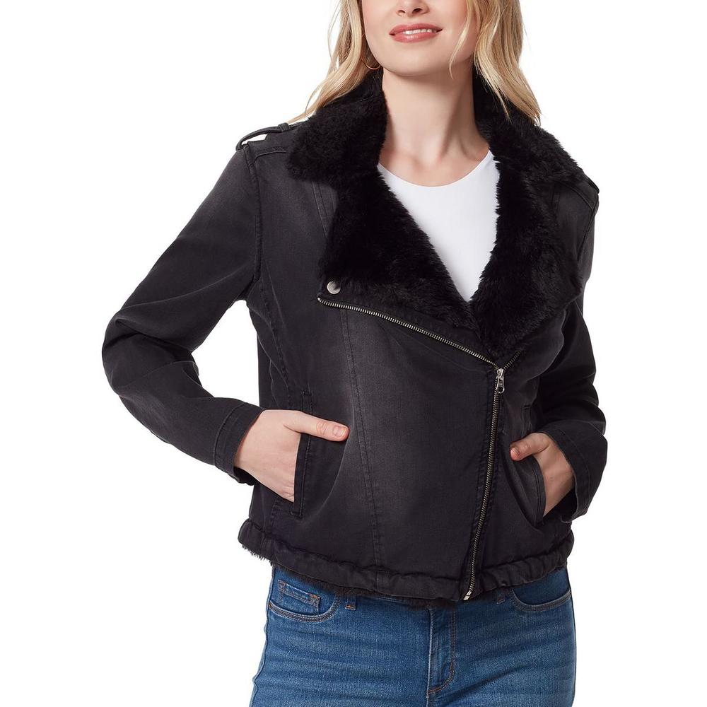 Jessica Simpson Womens Faux Fur Trim Moto Denim Jacket