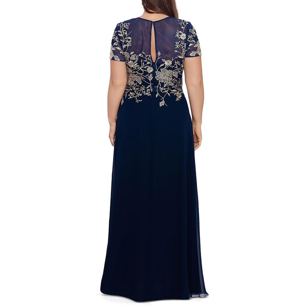 Betsy & Adam Plus Womens Mesh Embroidered Evening Dress