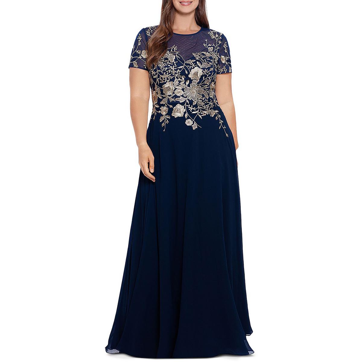 Betsy & Adam Plus Womens Mesh Embroidered Evening Dress