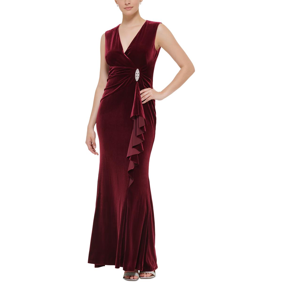 Jessica Carlyle Womens Velvet Cascade Ruffled Evening Dress