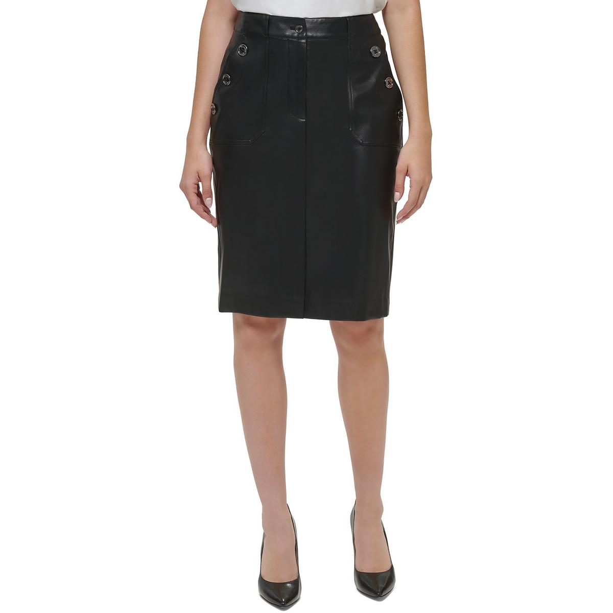 Tommy Hilfiger Womens Faux Leather Knee Pencil Skirt