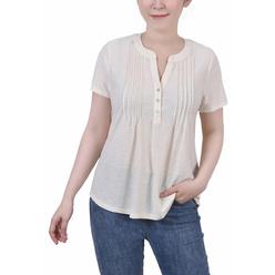NY Collection Petites Womens Y-Neck Jacquard Blouse