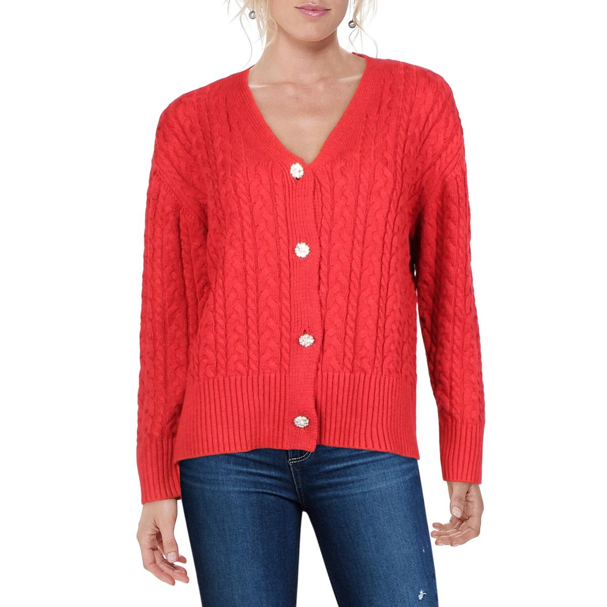 Anne Klein Womens Cable Knit V-Neck Button-Up