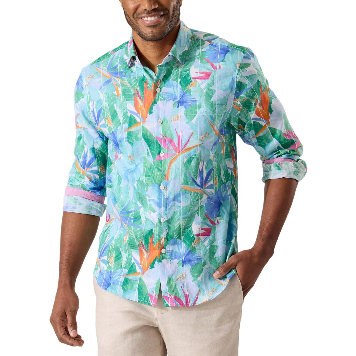 Tommy Bahama Mens Linen Rolled Sleeves Hawaiian Print Shirt