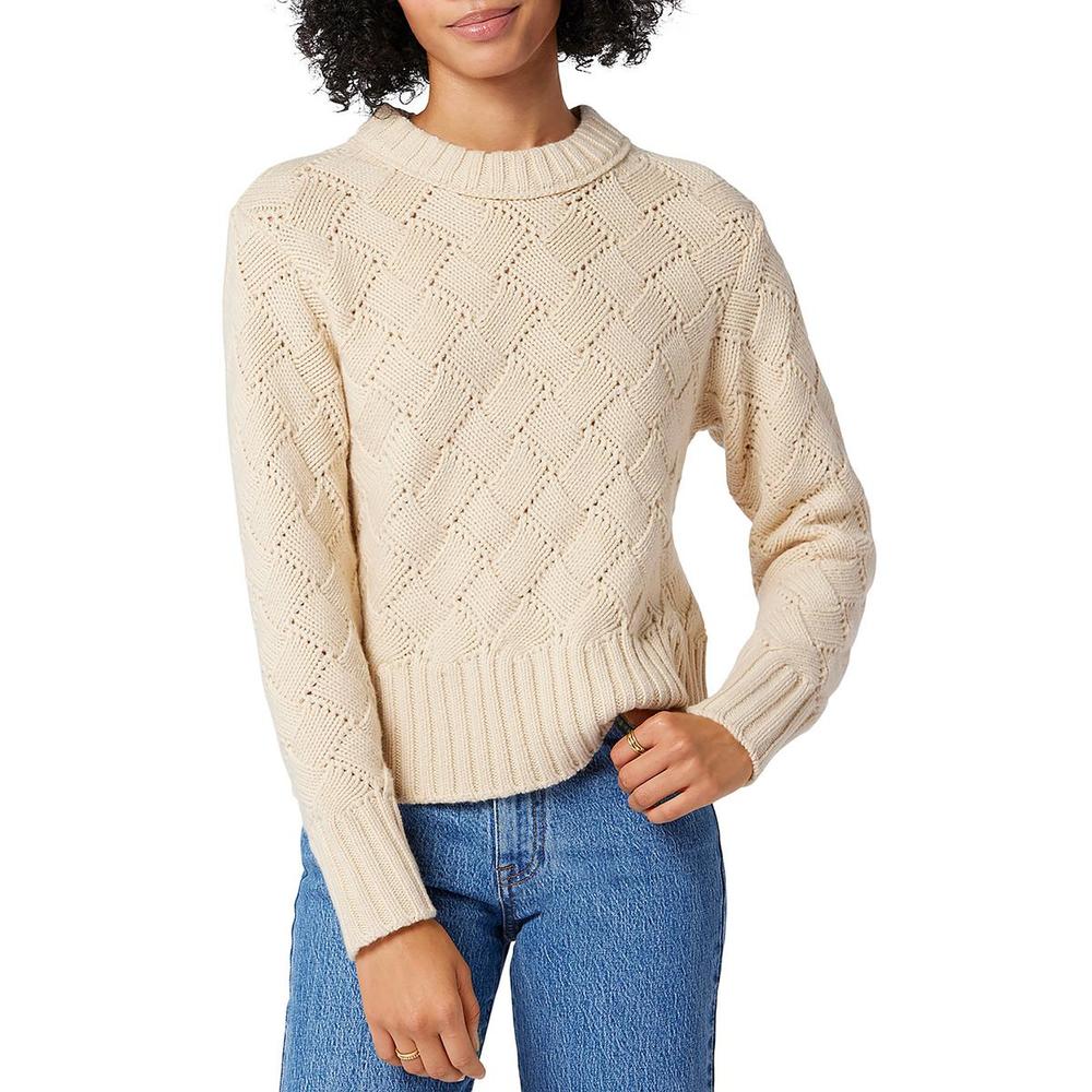 JOIE Isabey Womens Ribbed Trim Open Stitch Pullover Sweater