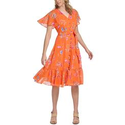 Calvin Klein Petites Womens Floral Print Knee Length Fit & Flare Dress