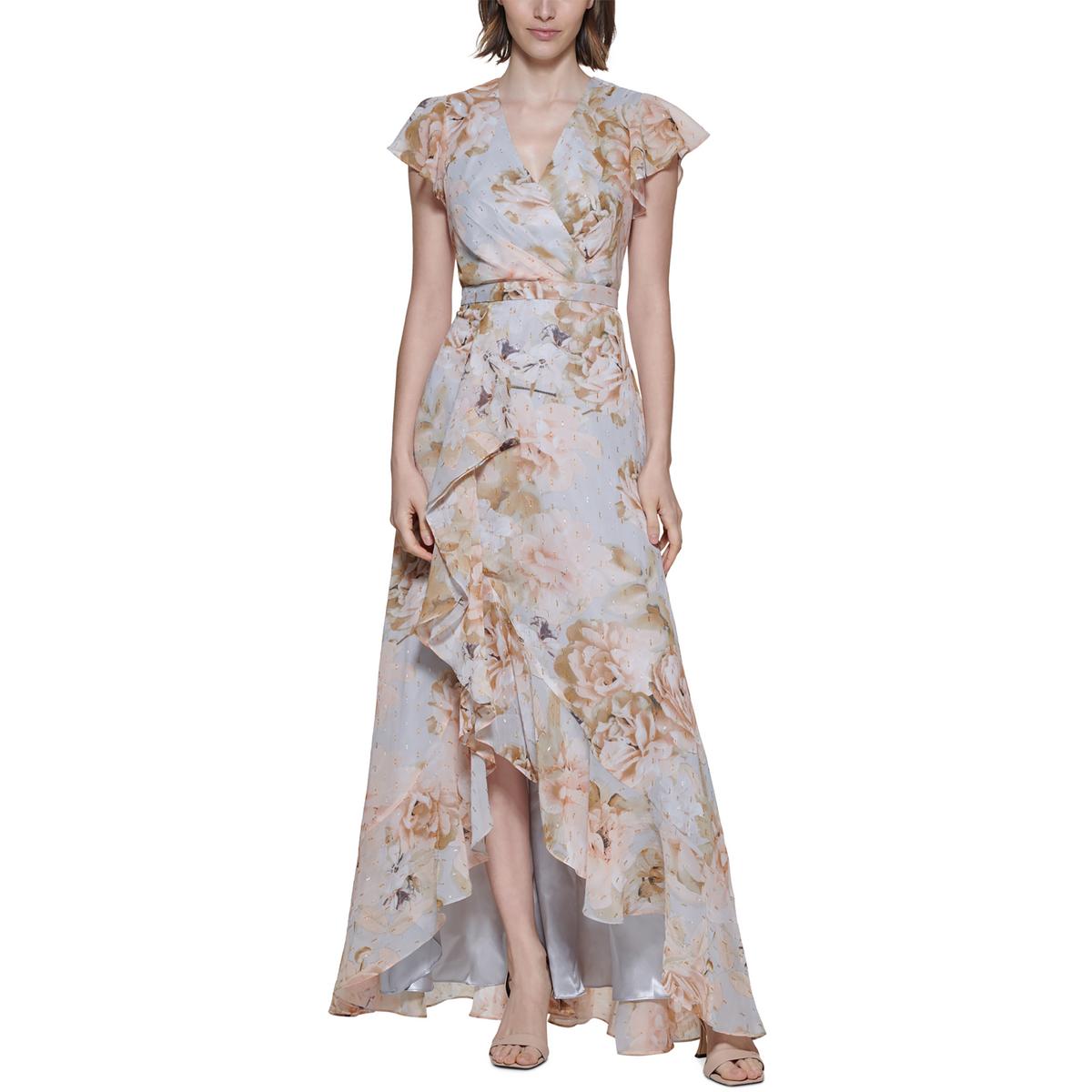 Calvin Klein Womens Floral Print Ruffled Evening Dress