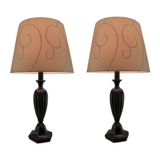 Zeckos Set of 2 Antique Bronze Finished Table Lamps W/ Textured Taupe