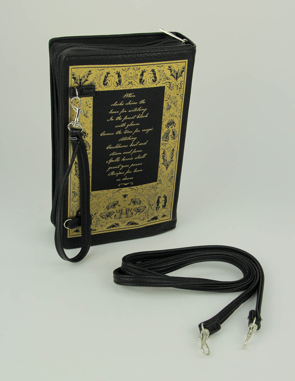 Things2die4 Black and Gold Witch's Companion Book Crossbody Purse