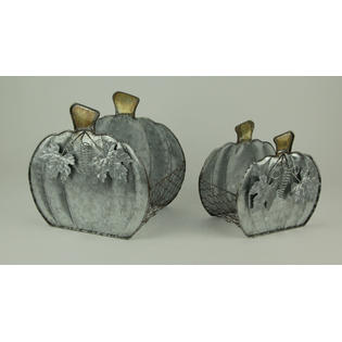 Zeckos Rustic Galvanized Metal Harvest Pumpkin Baskets With Leaf Accent Set Of 2