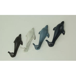 Zeckos Colorful Coastal Cast Iron Dolphin Decorative Wall Hooks 6 Inch Set Of 4