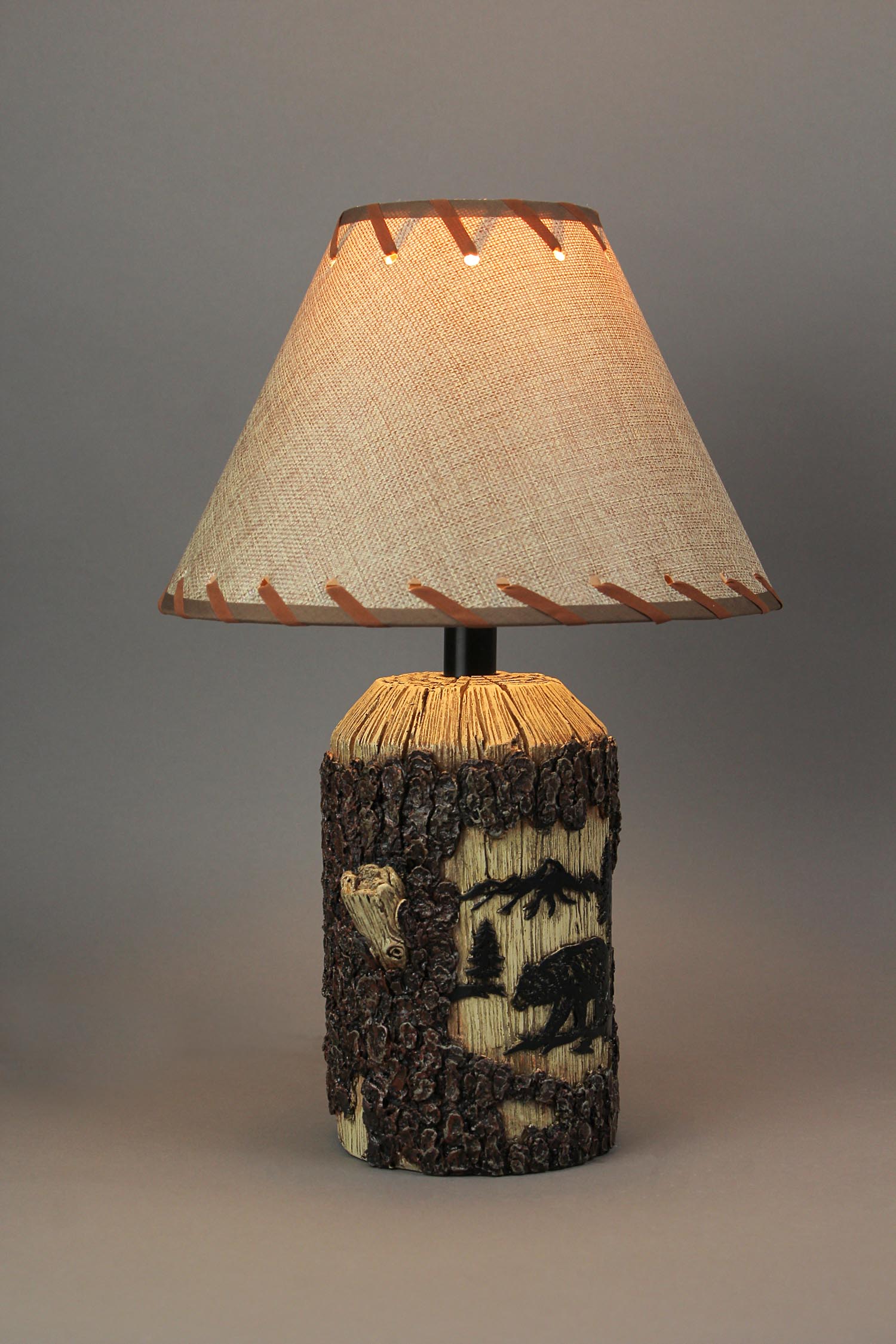 De Leon Collection Black Bear Carved Tree Bark Design Table Lamp With Burlap Shade Lodge Decor De Leon Collection Black Bear Carved, Black Table Lamp With Burlap Shade