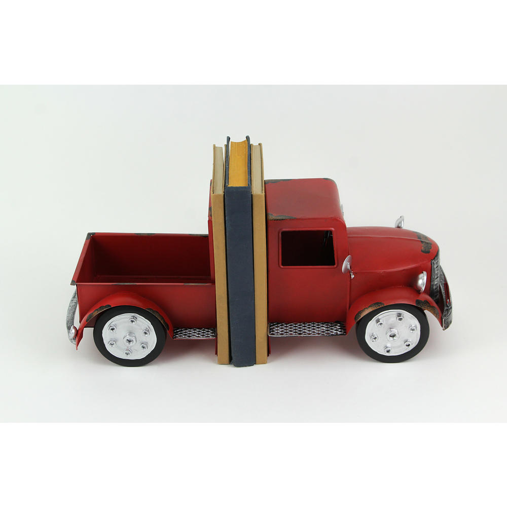 Zeckos Red Pickup Truck Metal Bookends Front and Back (Set of 2)