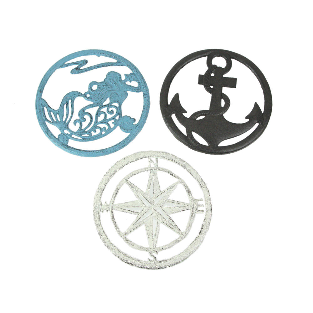 Zeckos Cast Iron Mermaid Anchor Compass Rose Kitchen Trivet (Set of 3)