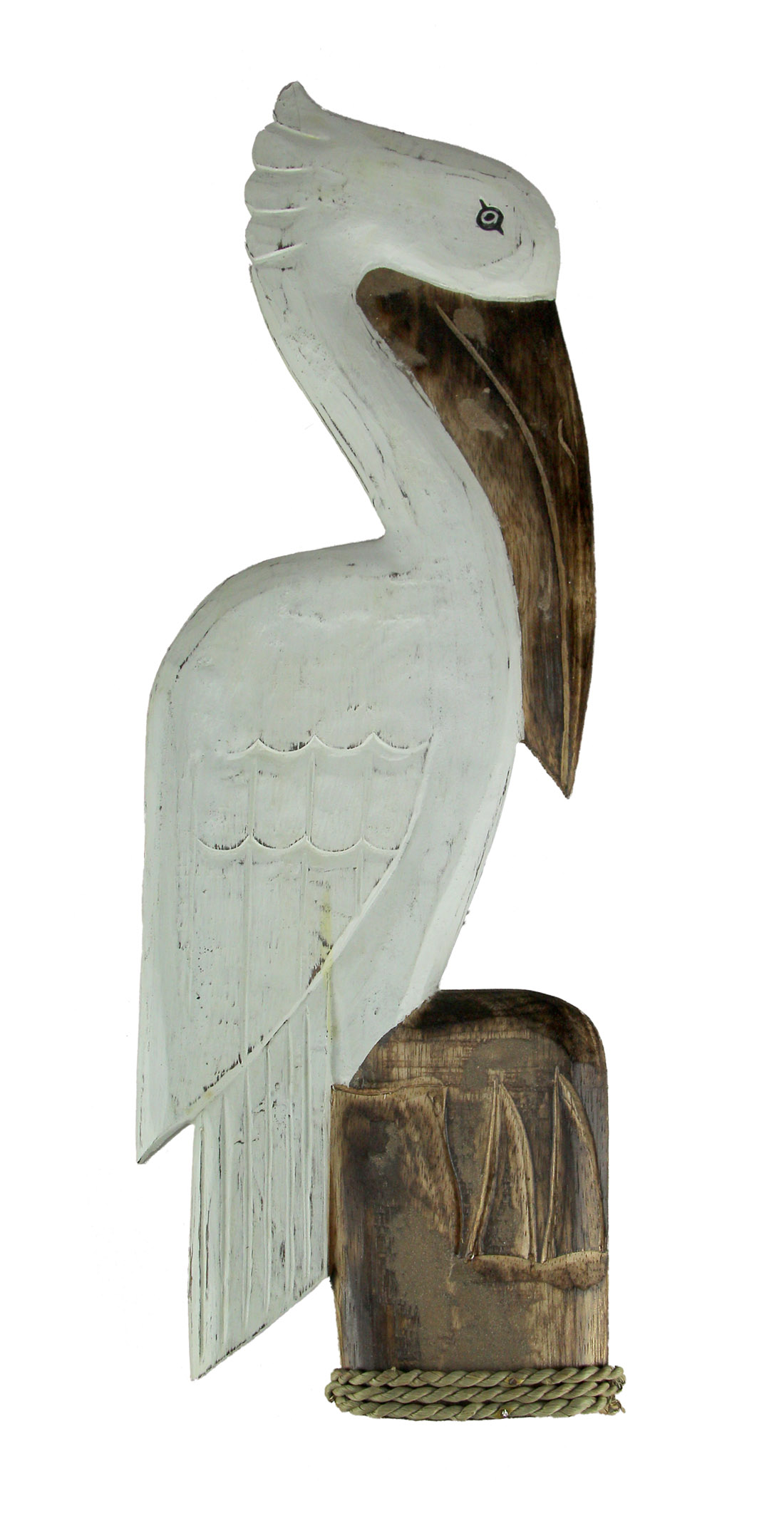 Chesapeake Bay White Wood Coastal Pelican Perched On Nautical Piling Wall Sculpture 24 inch