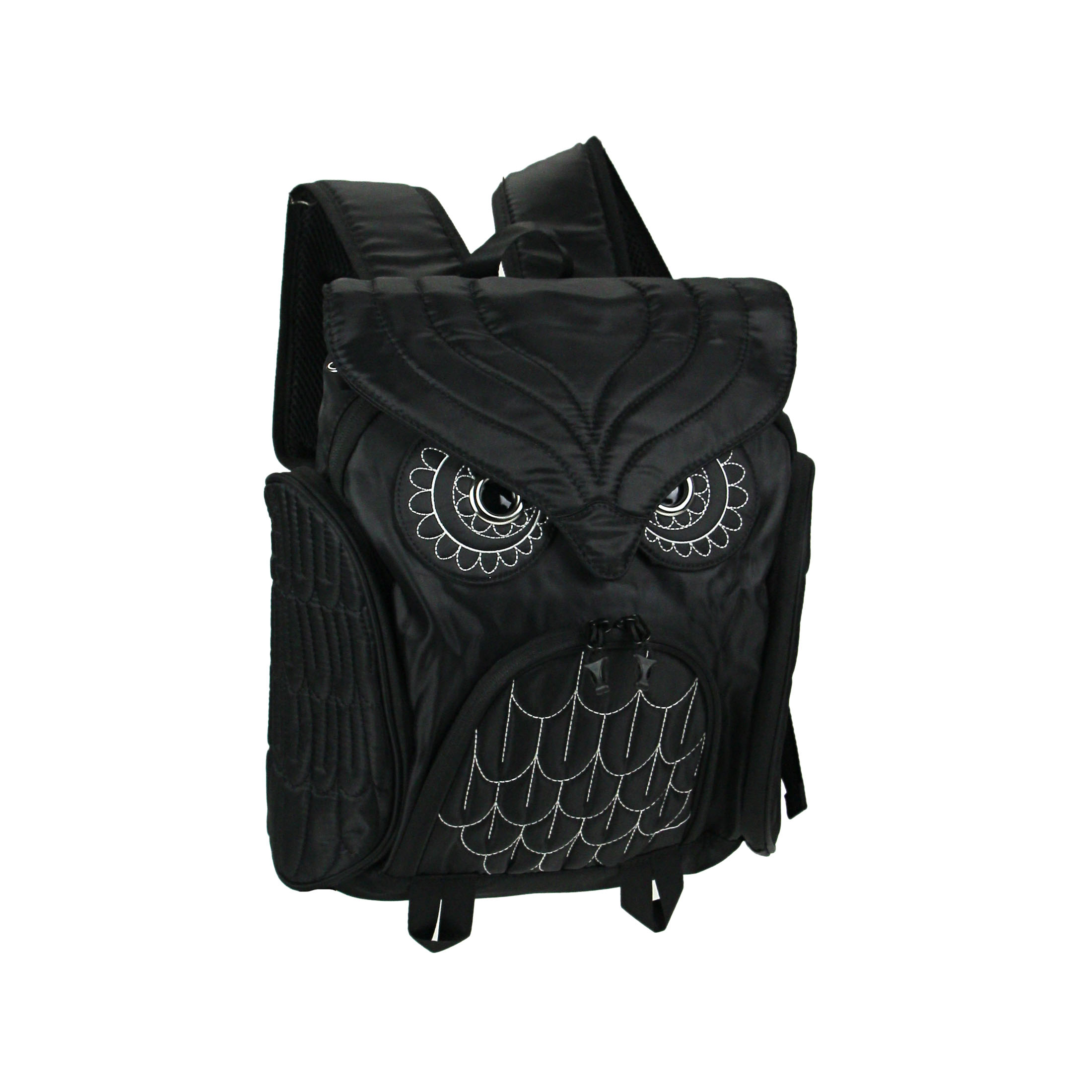 Things2die4 Large Black Nylon Mystical Owl Adjustable Backpack With Embroidered Stitching