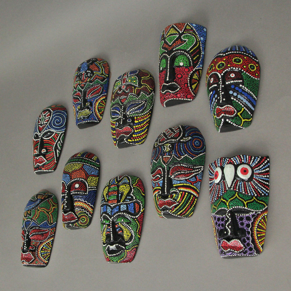 Zeckos Set of 10 Hand Carved Tropical Dot Painted Tribal Masks 5 Inch Wall Decor