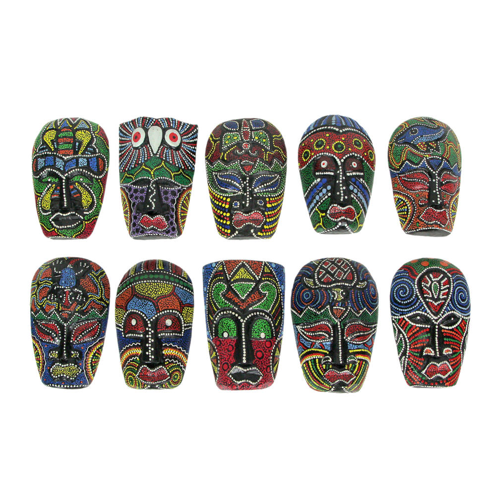 Zeckos Set of 10 Hand Carved Tropical Dot Painted Tribal Masks 5 Inch Wall Decor
