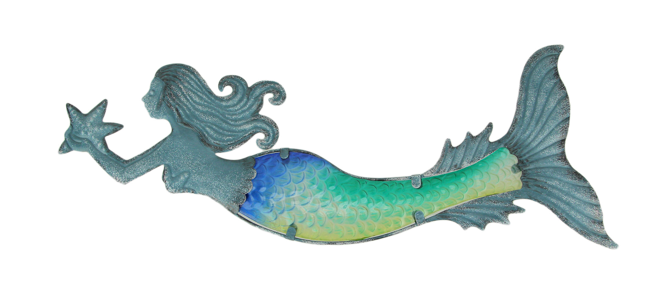 Chesapeake Bay Blue Metal and Glass Art Mermaid Coastal Decor Wall Sculpture