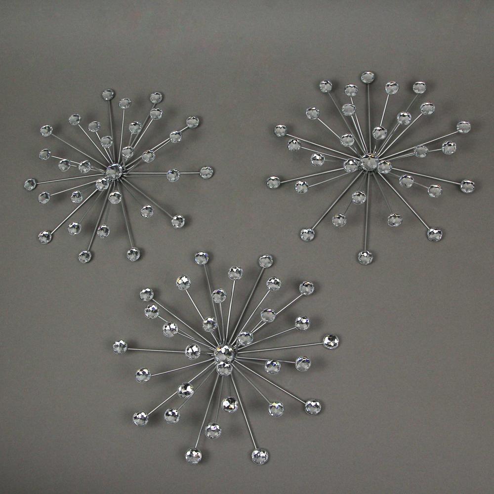 Zeckos Set Of 6 Silver Starburst Jeweled Metal Decorative Wall Art Hanging Rhinestone Crystal Home Decor Accents MCM