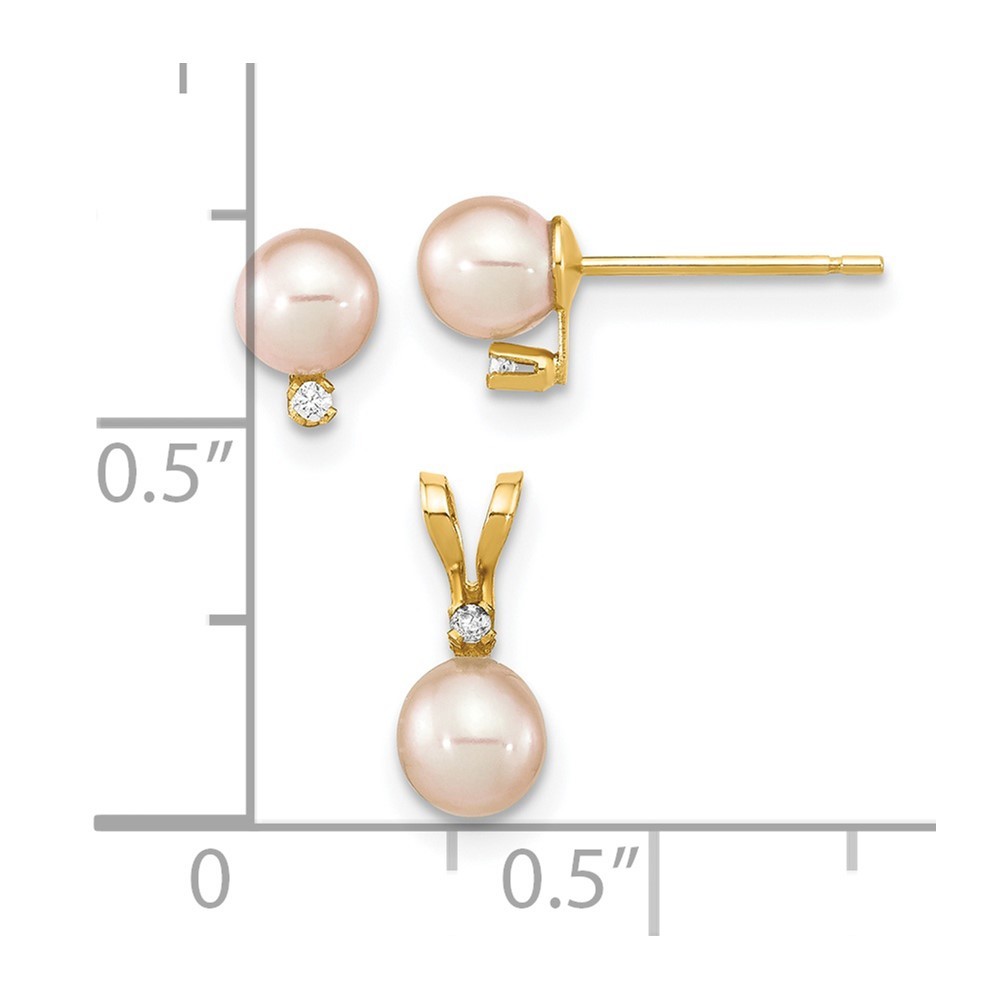 Jewelryweb 14k Gold Madi K 4-5mm Rd Pink Freshwater Cultured Pearl .03ct. Diamond Earrings and Pendant Set
