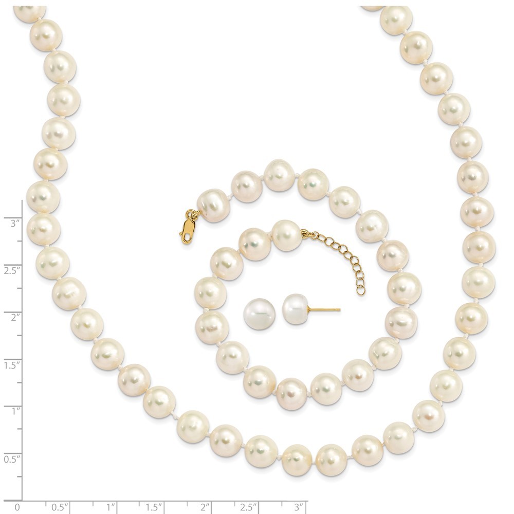 Jewelryweb 14k Gold 8-9mm Near Rnd Fwc Pearl Earrings With 1inch Ext Bracelet W/2in Necklace Set