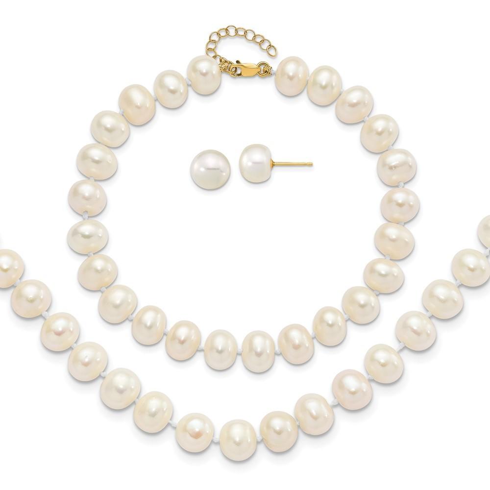 Jewelryweb 14k Gold 8-9mm Near Rnd Fwc Pearl Earrings With 1inch Ext Bracelet W/2in Necklace Set