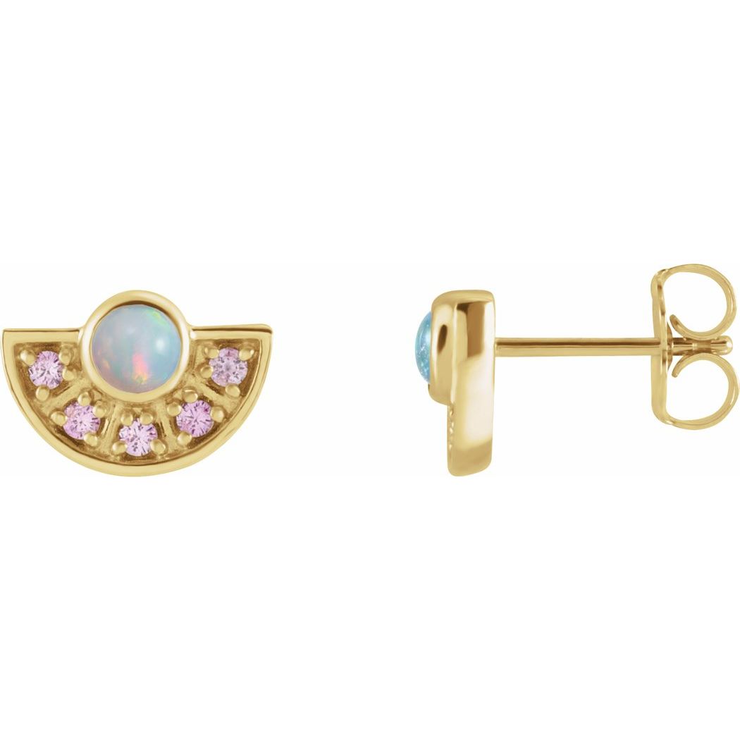 Jewelryweb 14k Yellow Gold Ethiopian Opal and Pink Sapphire Fan Earrings